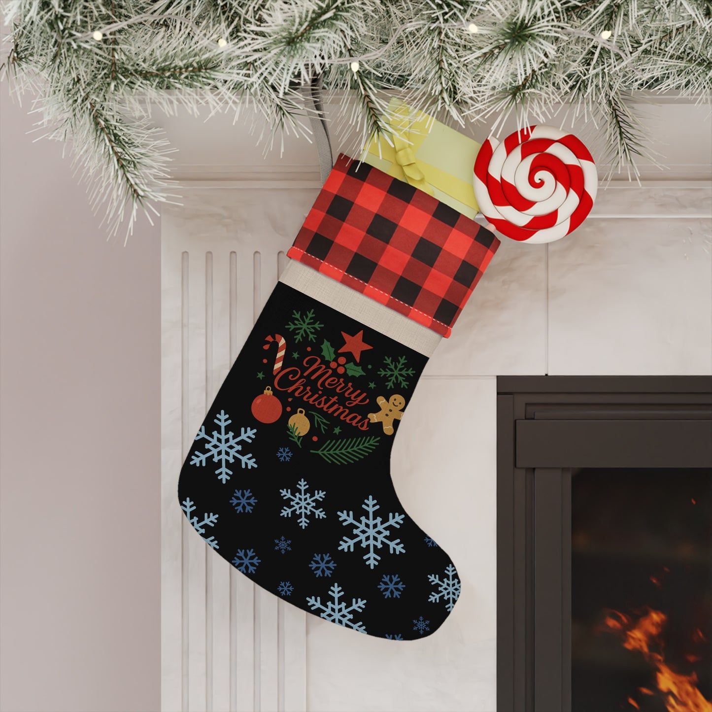 Merry Christmas Ornament & Snowflakes Christmas Stocking | Buffalo Plaid Cuff