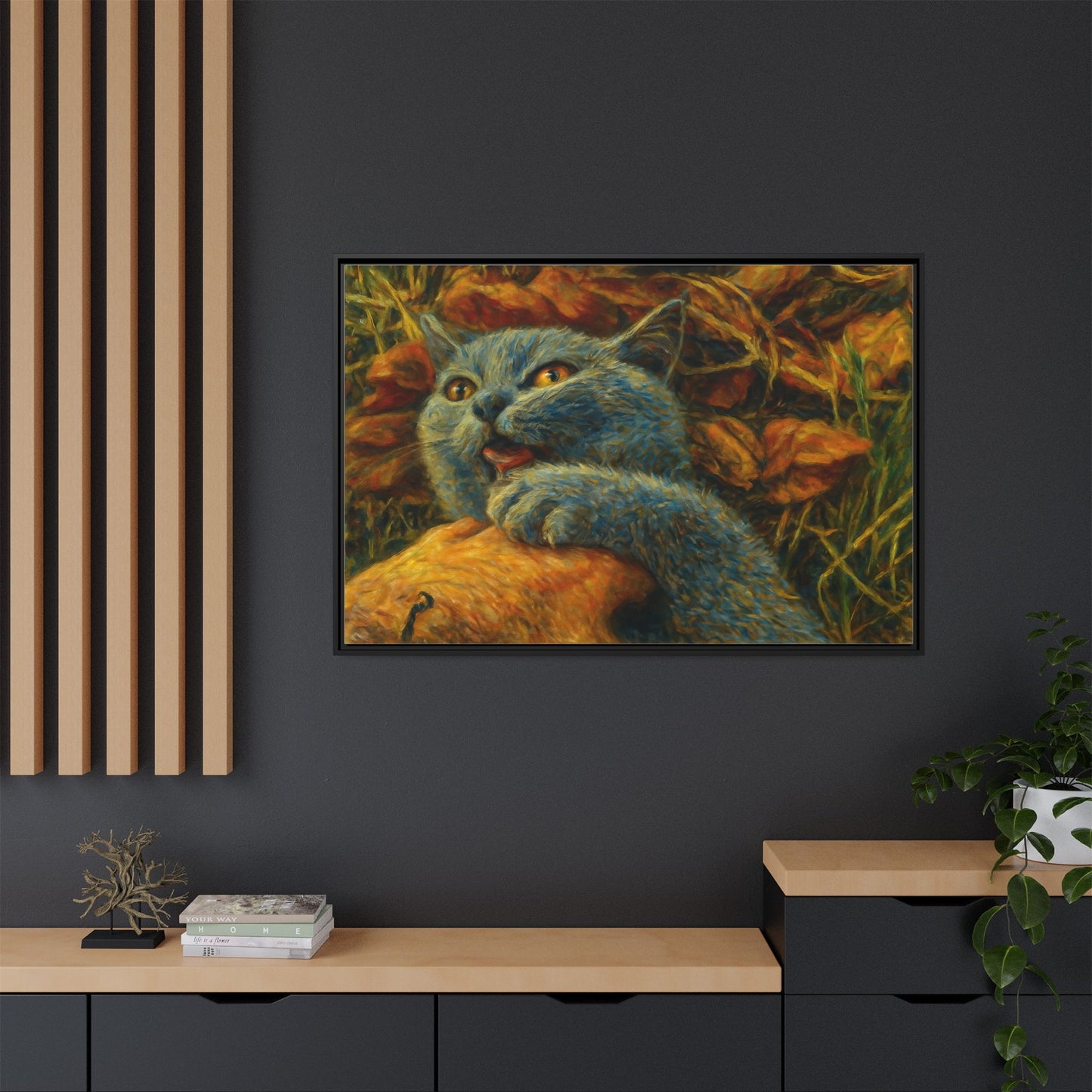 Whimsical Cat Wall Art, Blue Cat Framed Print, Colorful Canvas Decor, Pet Lover Gift, Funny Home Accent