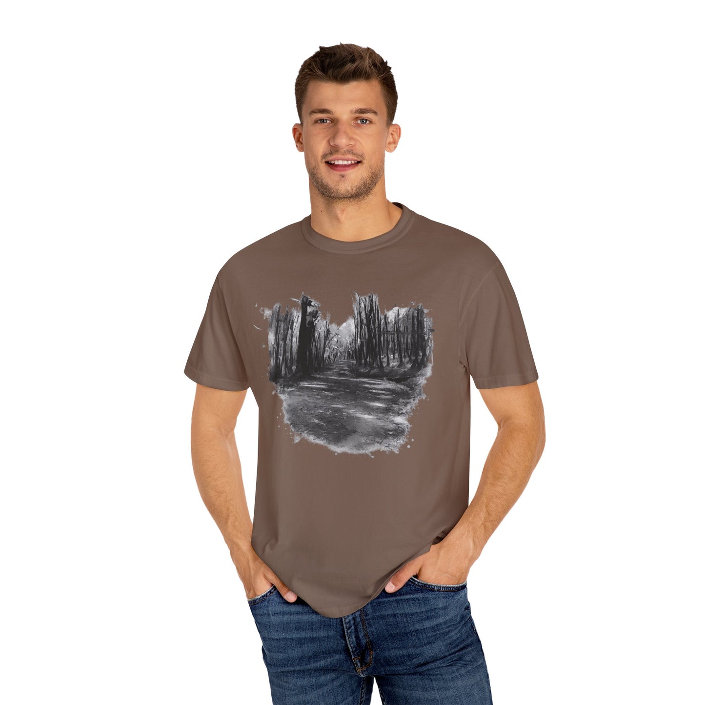 Artistic Forest Scene T-shirt | Nature Lover Gift, Outdoor Adventure Tee, Eco-Friendly Fashion, Vintage Inspired Clothing, Unisex Gift